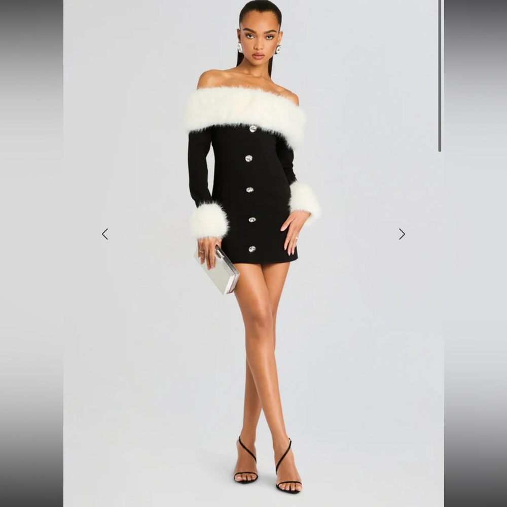 Black Off-Shoulder Dress with White Fur Trim